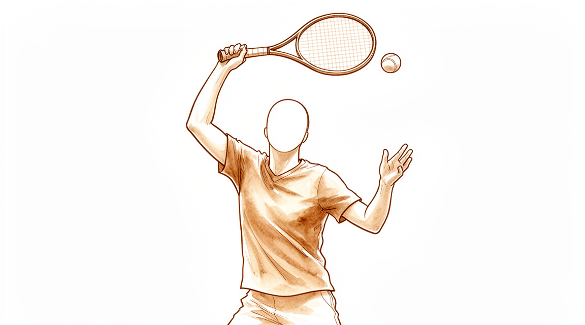 A hand-drawn illustration of a faceless person doing a tennis serve.