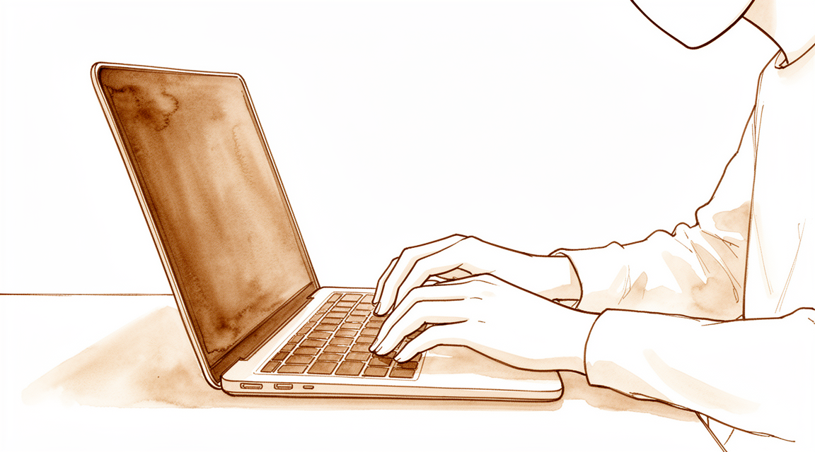 A hand-drawn illustration of two faceless hands typing on a laptop keyboard at a desk.