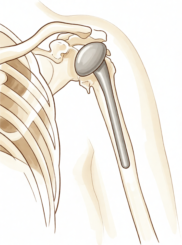 A hand-drawn illustration of a shoulder replacement implant being revised.