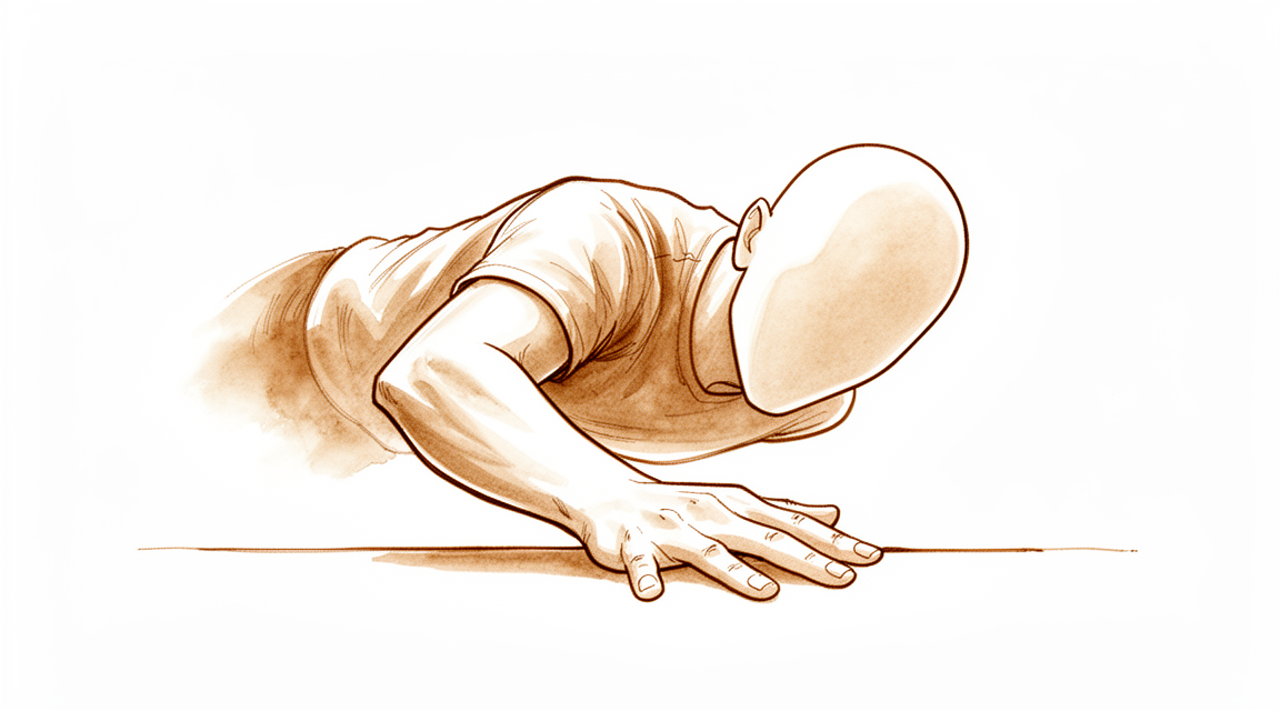 A hand-drawn illustration of a faceless person falling forward onto a flat outstretched hand, palm down and wrist bent back.