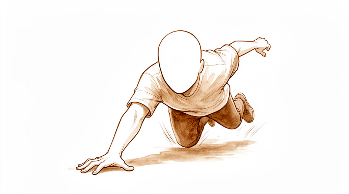 A hand-drawn illustration of a faceless person tripping and falling forward, putting an outstretched hand down onto the ground to break the fall.