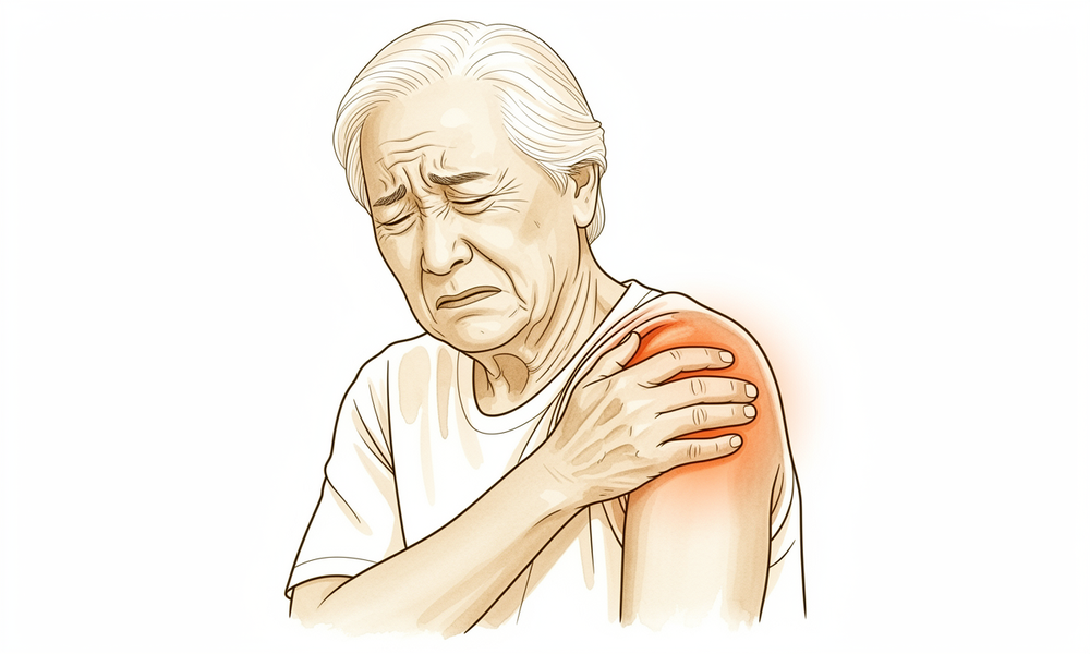 A hand-drawn illustration of a worn arthritic glenohumeral shoulder joint, bone on bone.