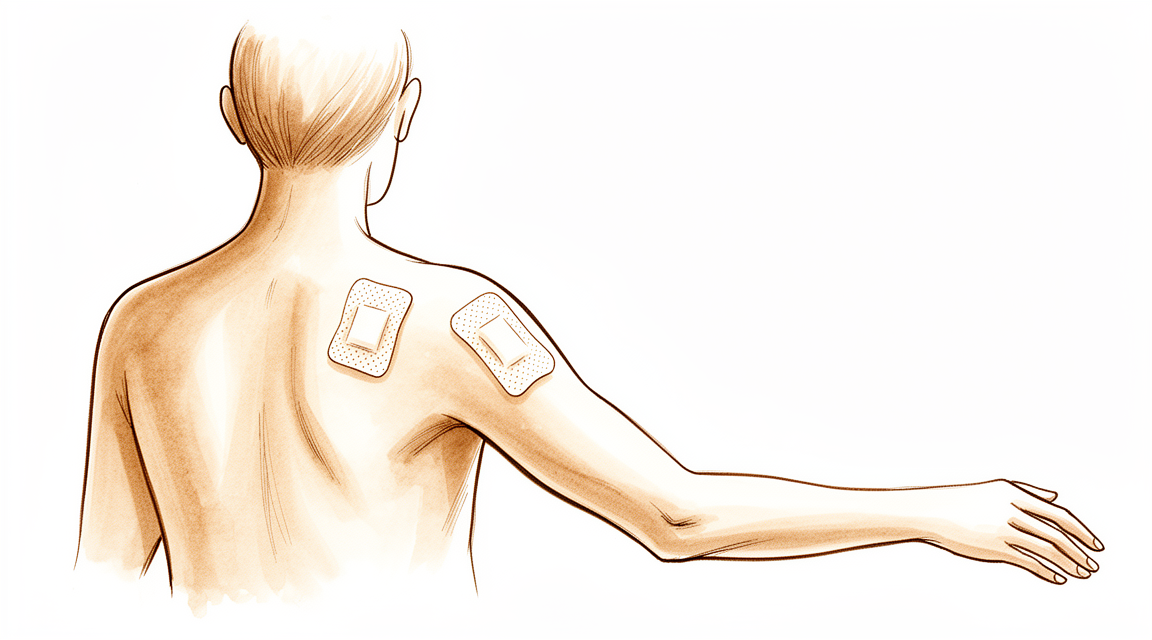 Illustration of a shoulder with two small keyhole dressings, viewed from behind.