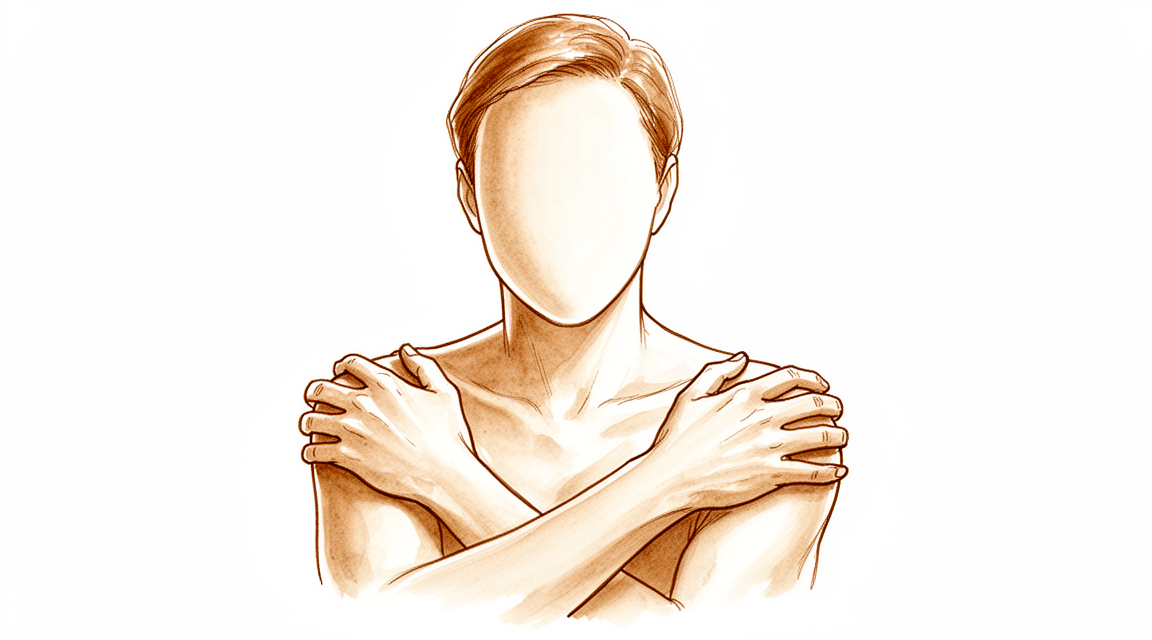 A person with arms crossed holding both shoulders.