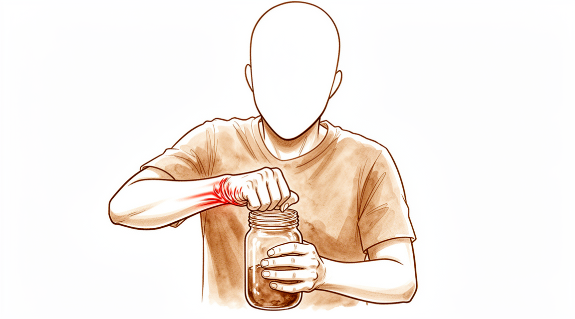 A hand-drawn illustration of a faceless person with a stiff painful wrist struggling to open a jar.