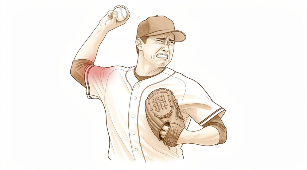 Illustration of a baseball pitcher mid-throw, wincing with pain in the throwing shoulder.