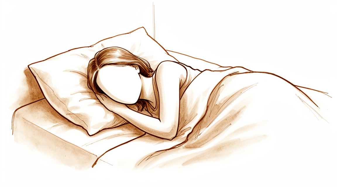 A hand-drawn illustration of a faceless person sleeping restfully in bed.