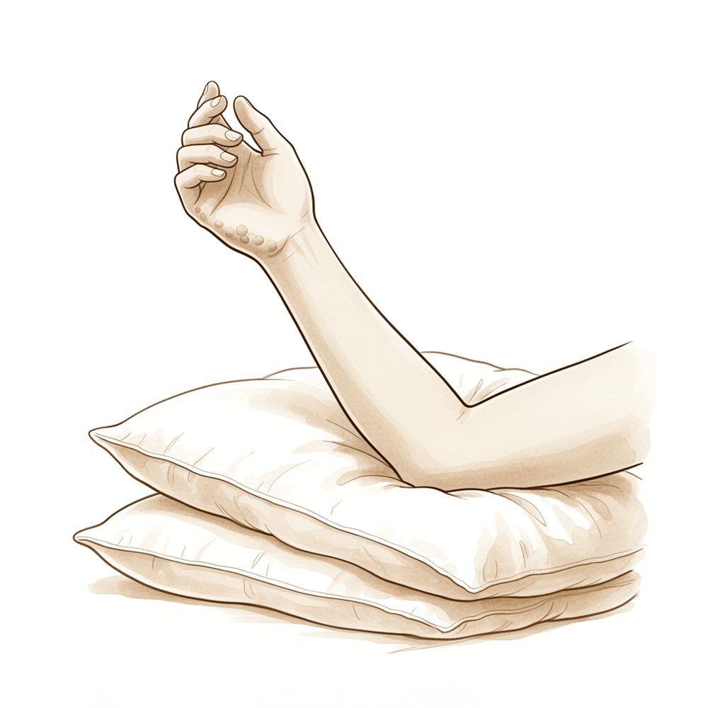 A hand and forearm resting elevated on a stack of pillows at home.