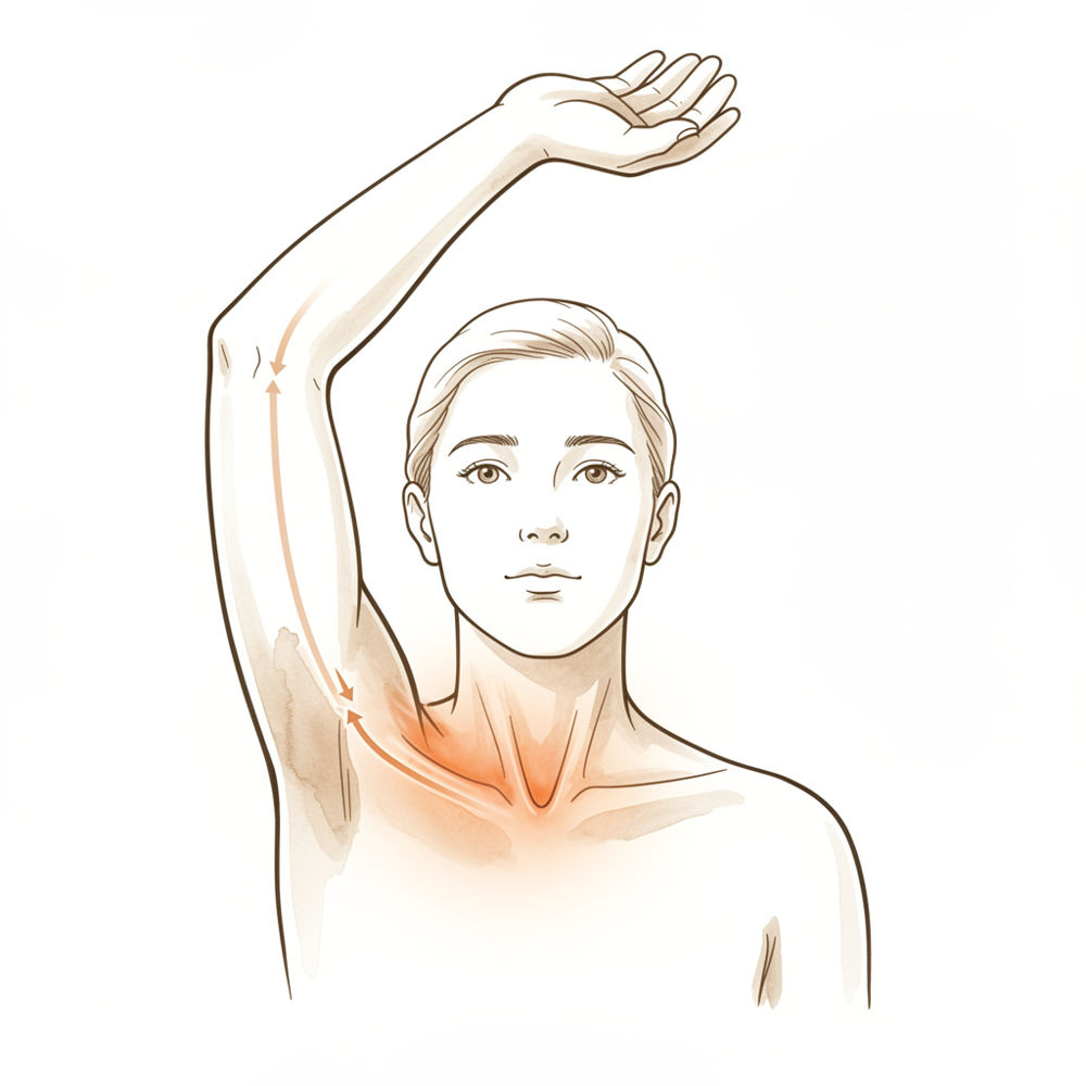 A raised arm with tingling radiating from the base of the neck and shoulder.
