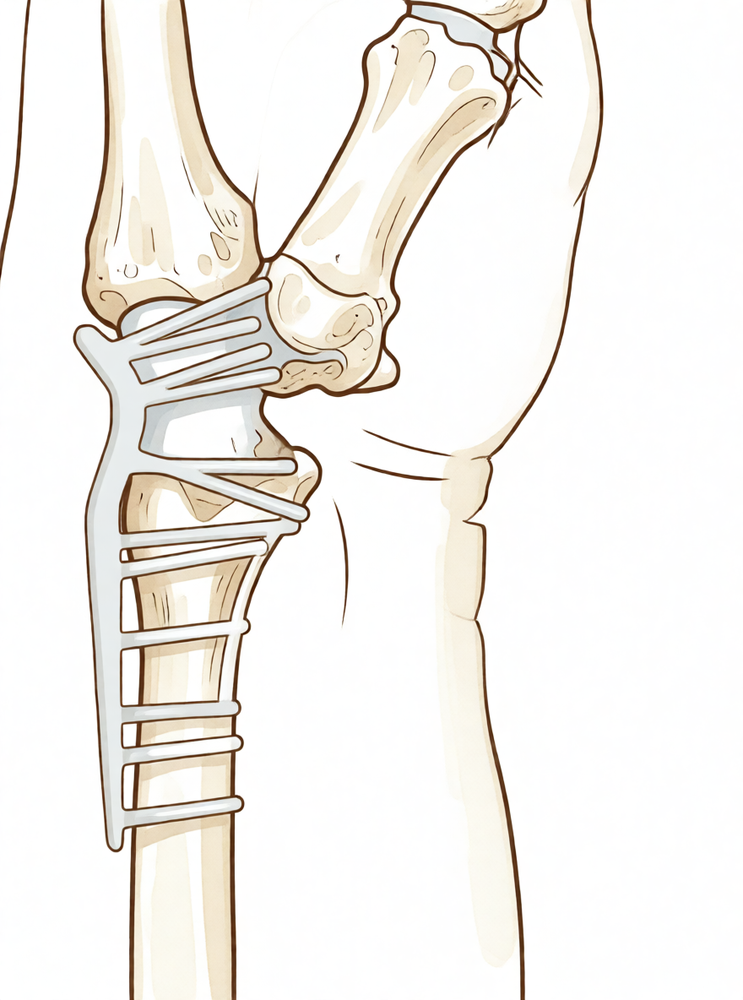 Illustration of a total wrist fusion held with a plate spanning the forearm bone to the hand.