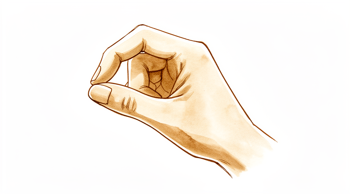 A hand-drawn illustration of a hand pinching comfortably between thumb and finger.