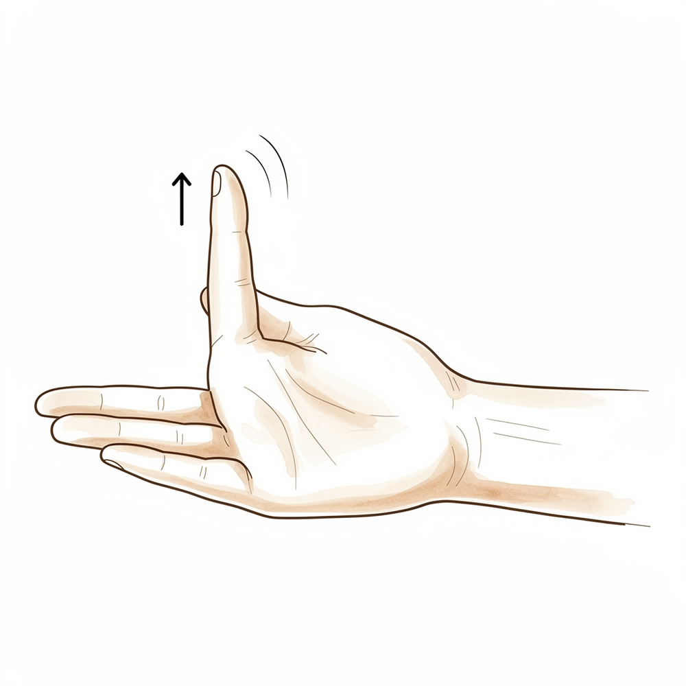 With the palm facing up, lifting the thumb straight up away from the flat palm towards the ceiling.