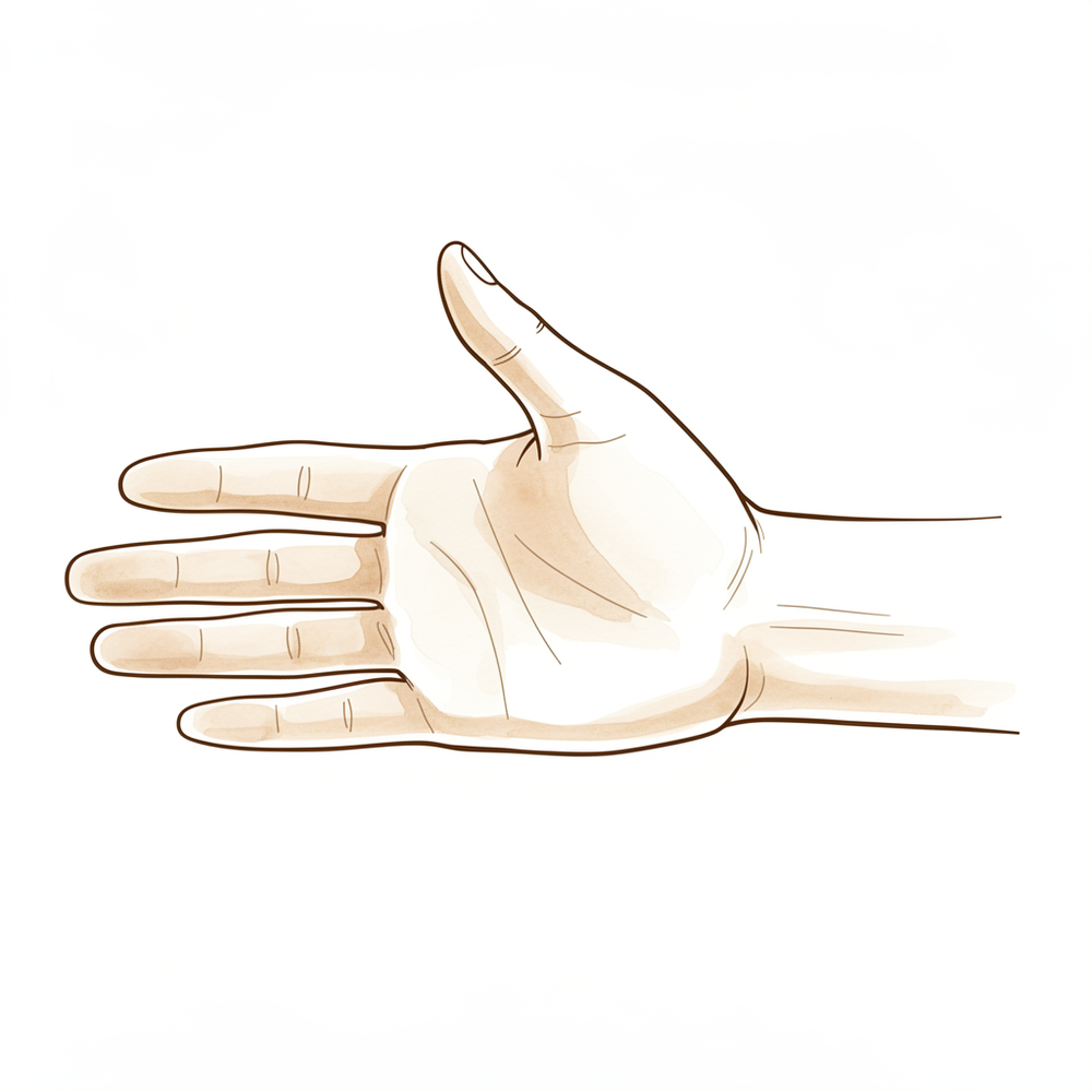 With the palm facing the floor, moving the thumb out sideways away from the index finger in the plane of the palm.