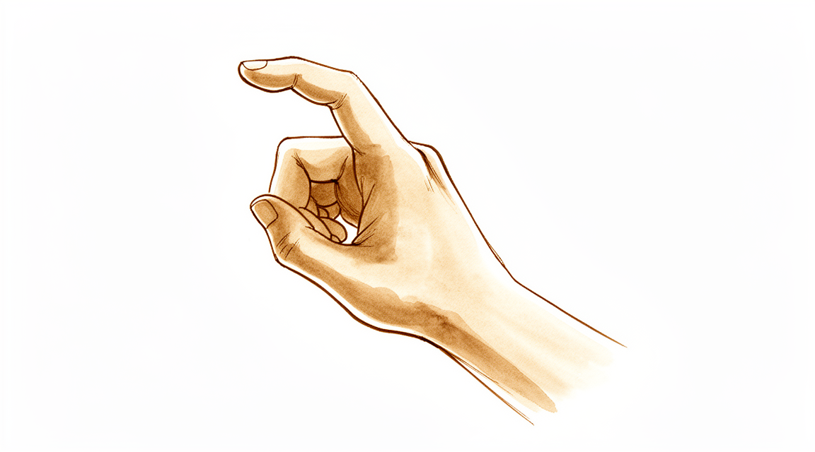 A hand-drawn illustration of a hand with one finger stuck bent, catching as it straightens.