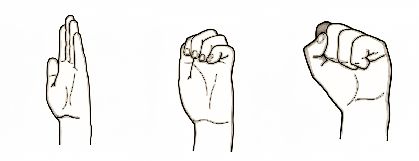 Three hand positions: fingers fully straight, then a hook position, then a tight fist with the thumb over the fingers.