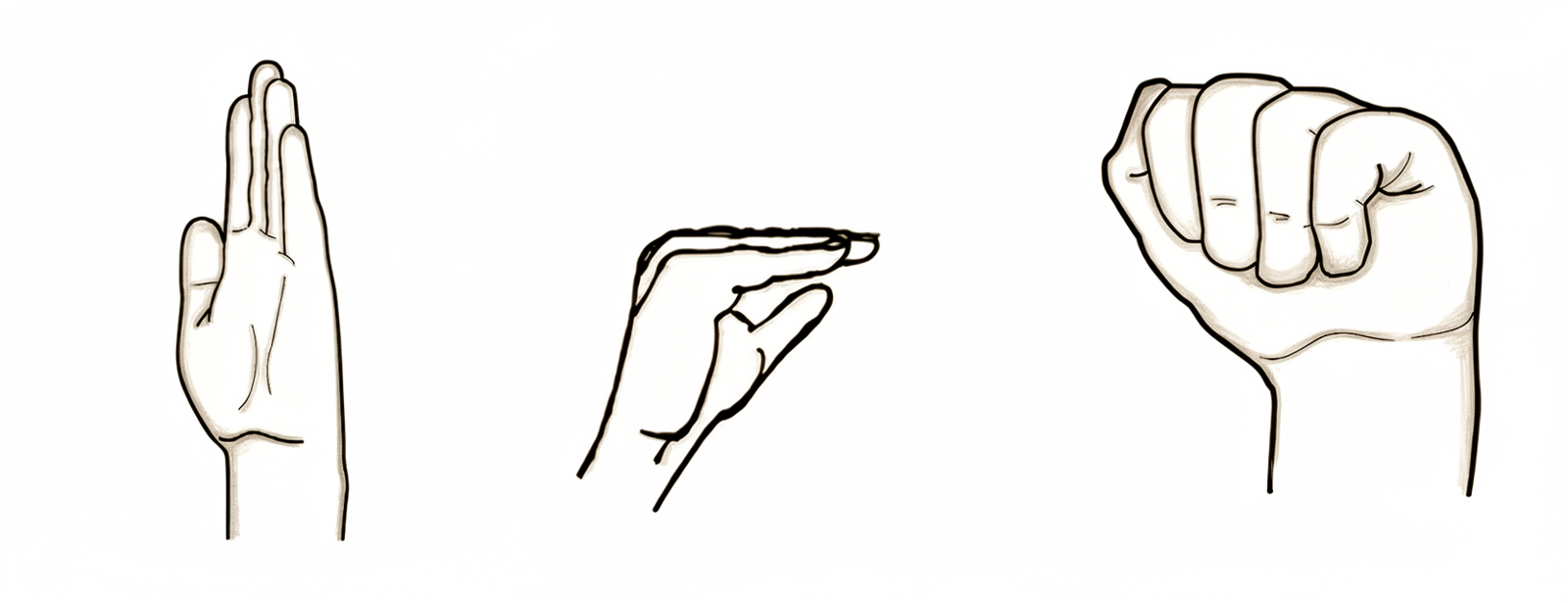 Three hand positions: fingers fully straight, then a tabletop position bending only at the bottom knuckles, then the fingers bent at the middle joints touching the palm.