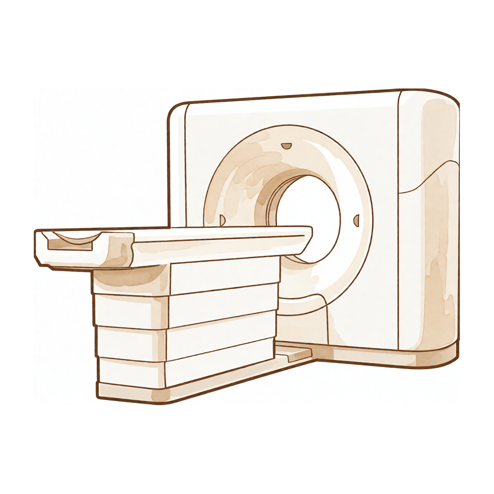 A CT scanner — the doughnut-shaped ring gantry with a table passing through it.