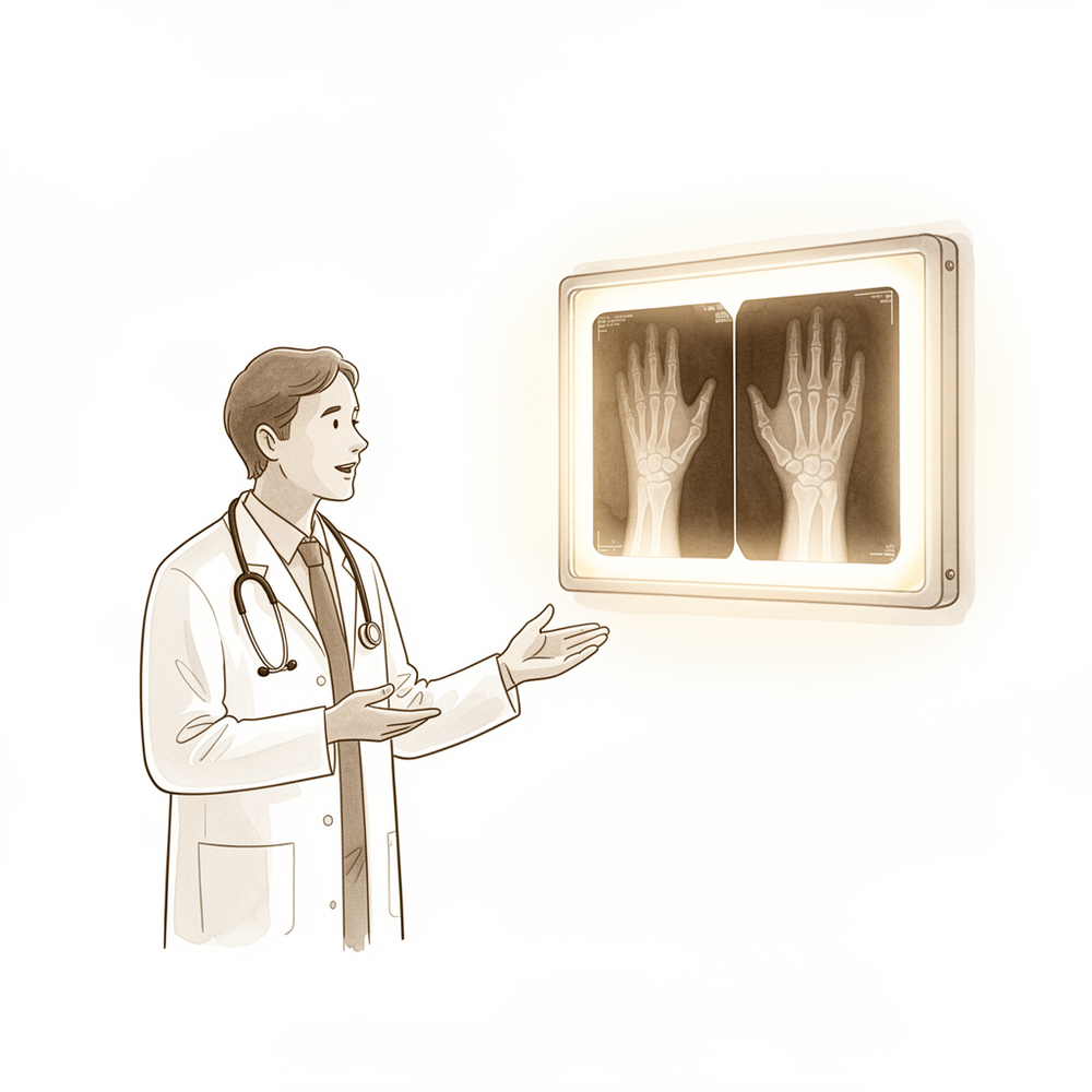 A doctor explaining a hand X-ray on a viewing screen to a patient.