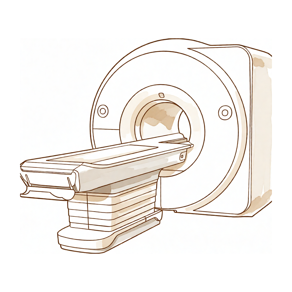 An MRI scanner — the large tunnel-shaped magnet with a table.