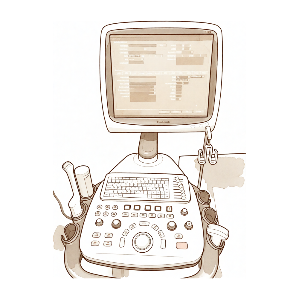 An ultrasound machine — a hand-held probe and a wheeled console with a screen.
