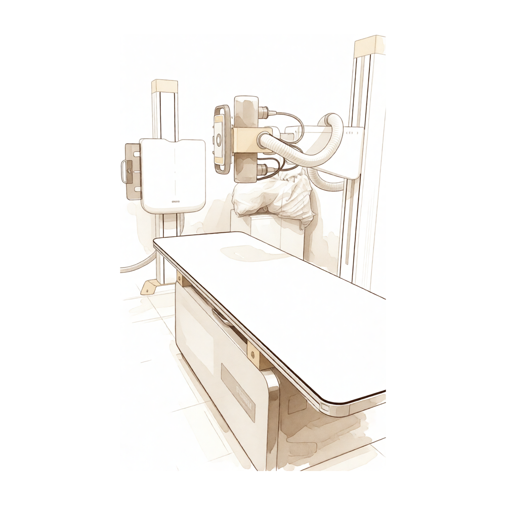 An X-ray machine — the tube arm positioned over an examination table.