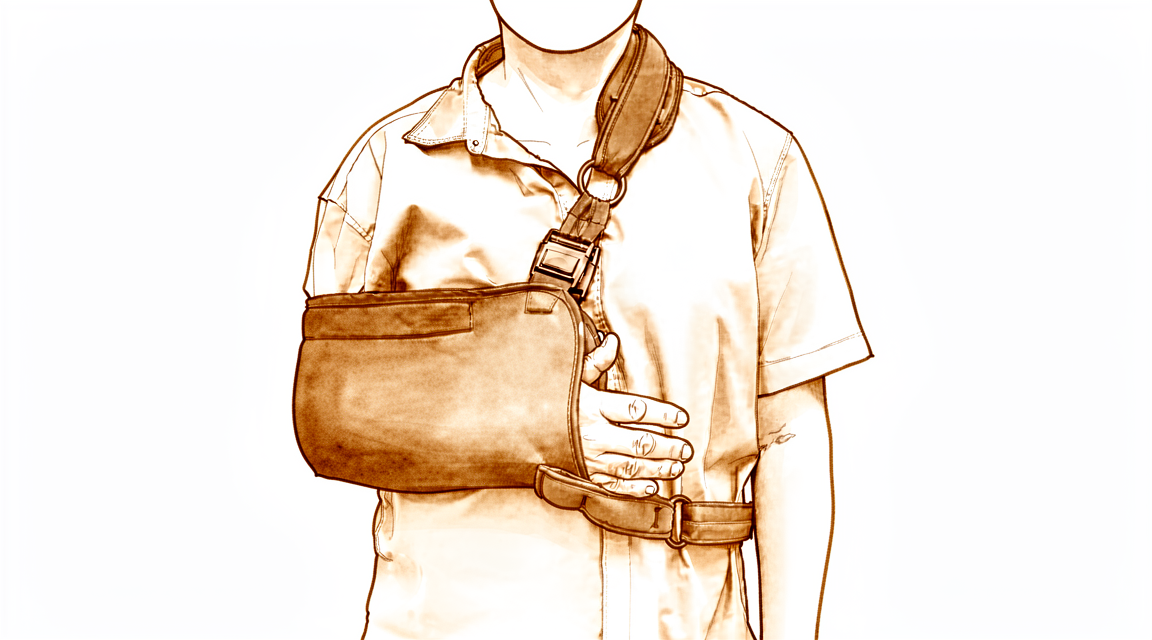 A hand-drawn illustration of a person wearing an arm sling supporting the forearm across the body.