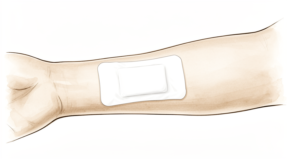 A hand-drawn illustration of a clean dressed surgical wound on a forearm.