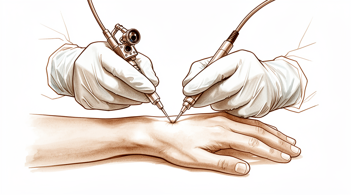 A hand-drawn illustration of gloved surgeon hands performing keyhole camera surgery on the back of a wrist, the patient hand resting palm down.