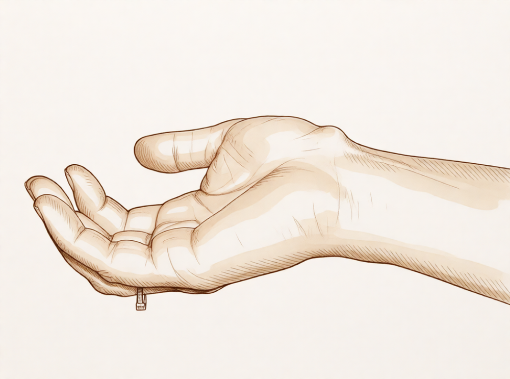 A hand-drawn illustration of a smooth round soft cyst bump on the back of a wrist.