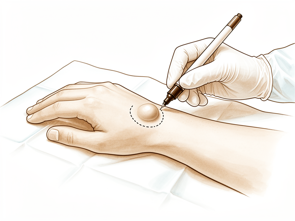 Illustration of a wrist showing a ganglion cyst arising from the joint capsule, with the cyst and its stalk being removed down to the wrist joint.
