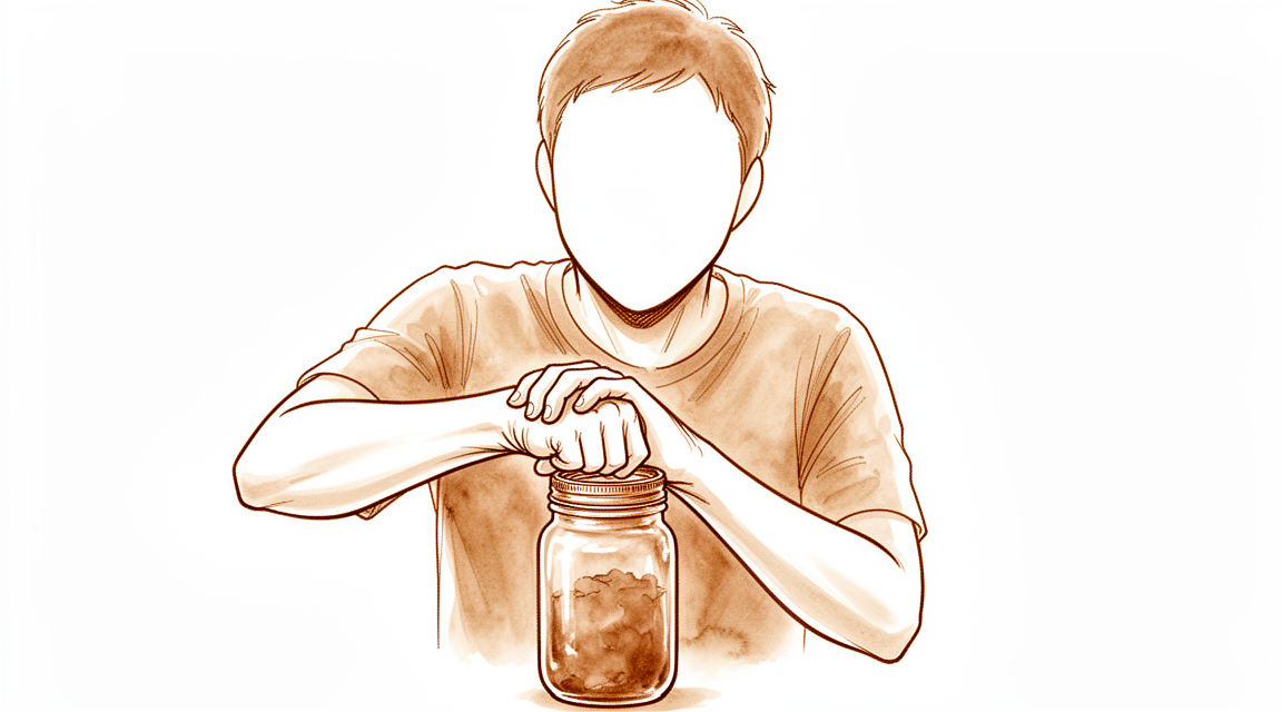 A hand-drawn illustration of a faceless person with a stiff painful wrist struggling to open a jar lid.